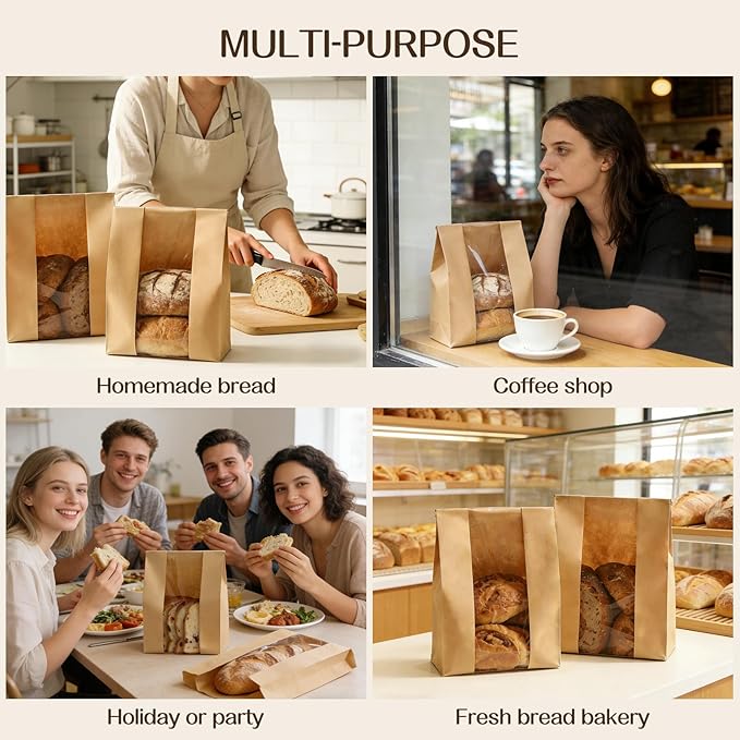 Tripho 100 Pcs Bread Bags for Homemade Bread with Clear Window & 120 Stickers, Sourdough Bread Bags for Storage of Bread,Cookies & Snacks, Large Bakery Paper Bags