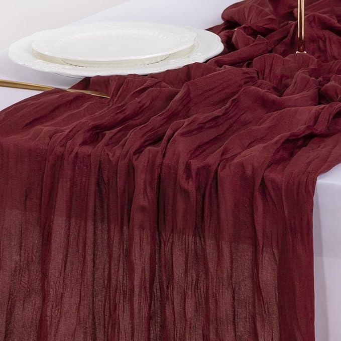 Socomi 6pcs Burgundy Red Summer Cheesecloth Table Runner Boho Rustic Gauze 120 inch 10FT Cheese Cloth Sheer Runner for Wedding Party Baby Shower Birthday Home Decor Holiday Decorations