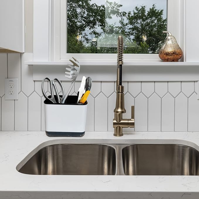 Kitchen Dish Brush Holder for Kitchen Sink,Utensil Drying Caddy,Scrubber/Bottle Brush/Sponge Holder,Kitchen Sink Counter Organizer has Removable Drain Tray,Plastic(Black and White)