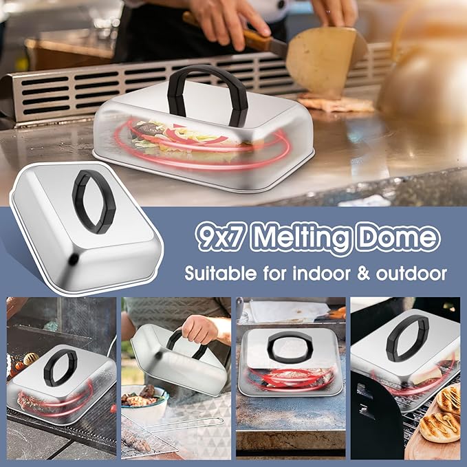 HaSteeL Cheese Melting Dome Set of 2, Stainless Steel Rectangular 9x7 Inch Basting Steaming Cover, Heavy Duty Metal Grill Dome for Flat Top Teppanyaki Barbecue Cooking Indoor/Outdoor, Dishwasher Safe