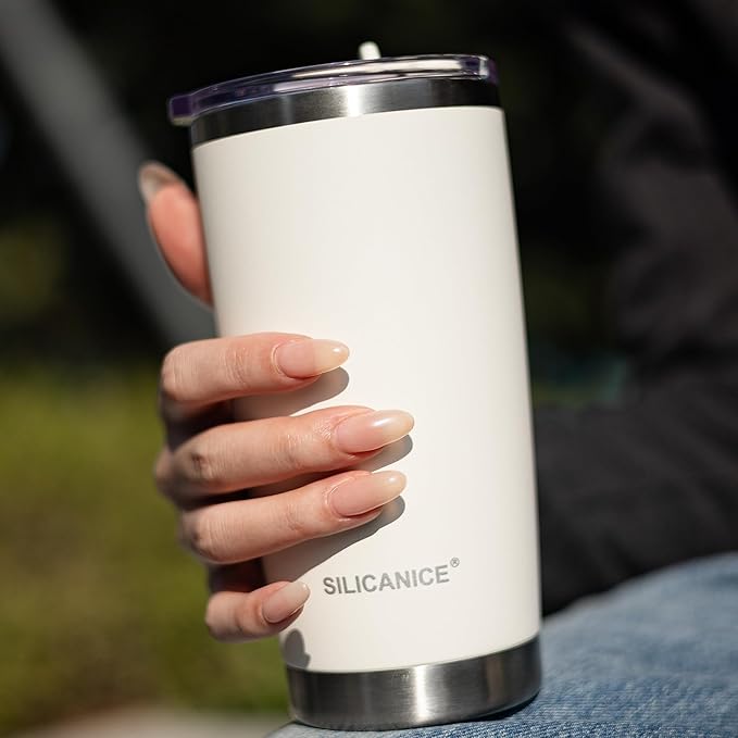 20oz Hygienic Stainless Steel Vacuum Insulated Tumbler w/ Easy-On/Easy-Off Lid - Removable slider, Double Wall 18/8 Travel Mug, BPA-Free, Fits Cup Holders, Premium Quality, Smart Value - Cream