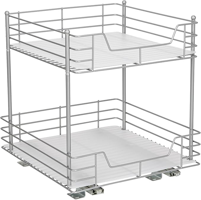 Household Essentials Glidez Steel Pull-Out/Slide-Out Storage Organizer with Plastic Liners for Under Cabinet or Wire Shelf Use - 2-Tier Design - Fits Standard Size Cabinet or Shelf, Brushed Silver