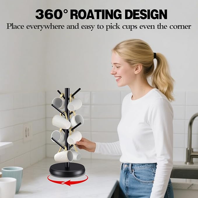 Mug Holder Tree,New Upgraded 360° Rotated 8 Hooks Coffee Cup Holder for Counter,Sustainable Wood Mug Rack Standing for Coffee Bar Accessories and Organizer Station(Black)