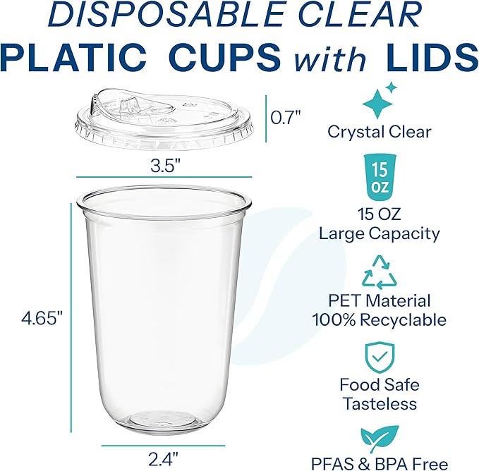 Homestockplus 25 Pack 15 oz BPA-Free Clear Plastic Cups with Strawless Sip Lids - Leak-Proof Round Bottom Disposable Iced Coffee Cups for Kids, To-Go Cold Drinks, Ideal for Small Parties & Daily Use