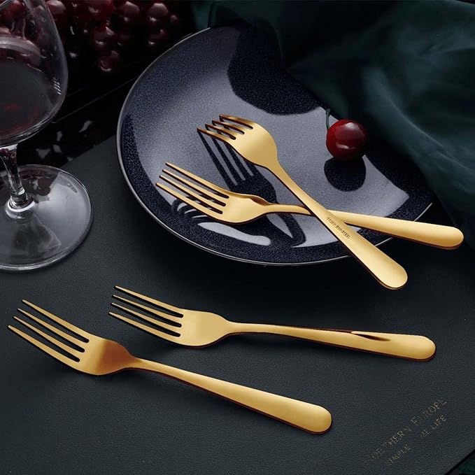 Unokit 24-Piece Stainless Steel Dinner Forks Silverware - 8 Inch Silver Dinner Forks Set of 24, Forks Set, Flatware Forks for Home, Kitchen or Restaurant, Mirror Polished, Dishwasher Safe, Gold