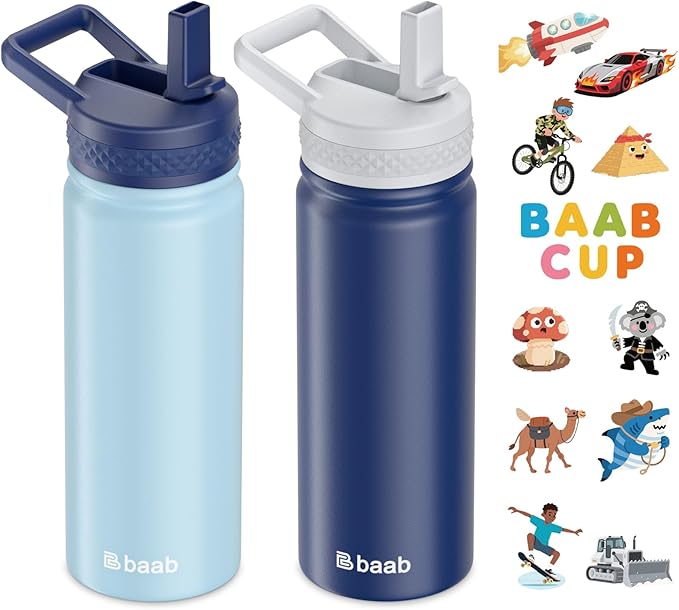 baab 20oz kids Water Bottle, Insulated Water Bottle with Straw & Stickers, 18/8 Stainless Steel Vacuum Leakproof kids Water Straw Cup for School, Perfect for Boy Girl (Navy Blue+Light Blue, 2 Pack)