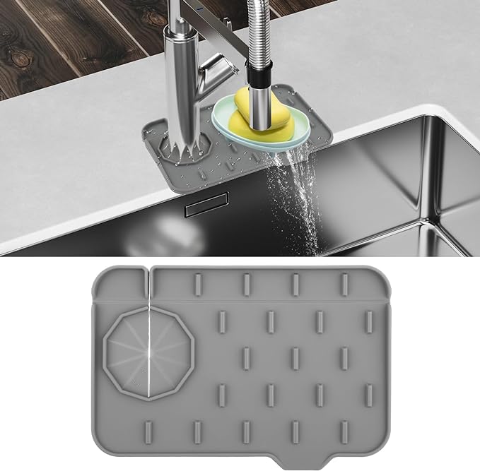 Sink Faucet Splash Guard Mat Silicone Soap Dish Pad Faucet Handle Drip Catch Sponge Holder Sink Protector Trays for Bathroom Kitchen Countertop Gadgets Accessories 8.3 x 5.7 Inch