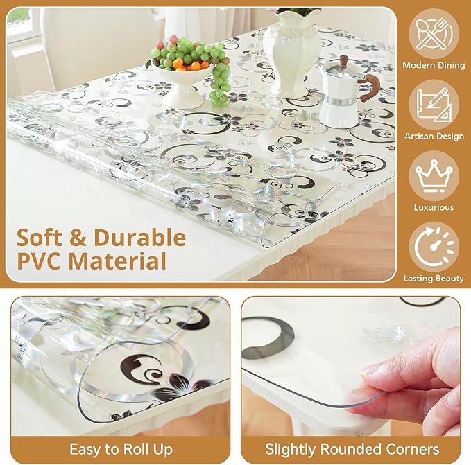 LovePads Floral Clear Table Cover Protector - 42 x 42 Inch Thick Plastic Table Cloth, Waterproof PVC Desk Mat for Dining Room Table, Wood Furniture Topper, Anti-Scratch Desk Pad for Kids Writing,