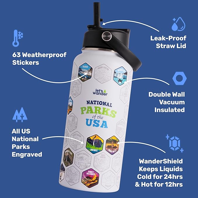 LET'S WANDER National Parks Water Bottle 2.0 Ultimate Bundle | Includes Straw Lid, Chug Lid & 2 Sets of 63 Waterproof Stickers | 32oz Leakproof Insulated Stainless Steel Gift Pack (White)