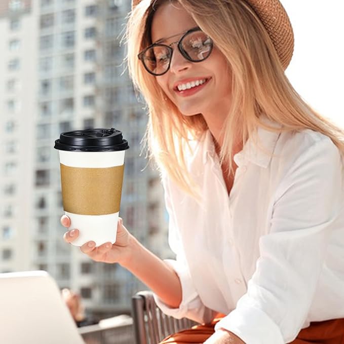 Lamosi 50 Pack 20 oz Disposable Coffee Cups with Lids and Sleeves, White To Go Leak-Proof Paper Cups for Picnics, Parties, Travel, Offices and Coffee Bar Supplies