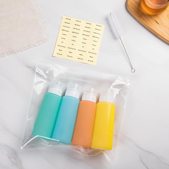 MICEBAY Condiment Squeeze Bottles for Sauces, 6-oz Mini Silicone Salad Dressing Container to Go with Reusable Sandwich Bag, Leakproof Sauce Bottle for Lunch Box, 4 Pack, Candies
