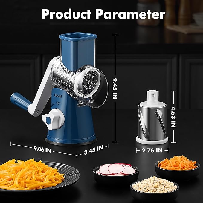 Geedel Rotary Cheese Grater, Kitchen Mandoline Vegetable Slicer with 3 Interchangeable Blades, Easy to Clean Rotary Grater Slicer for Fruit, Vegetables, Nuts