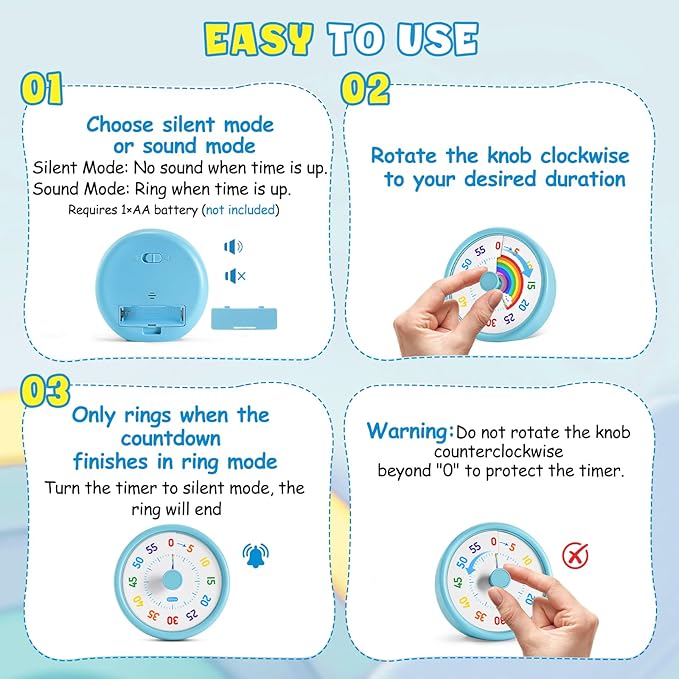 HIPPIH Visual Timer for Kids, 60 Minute Countdown Timers for Classroom Kitchen Office, Rainbow Disk Desk Timer Clock with Silent Operation, Pomodoro Timer Time Management Tools for Toddler ADHD Blue