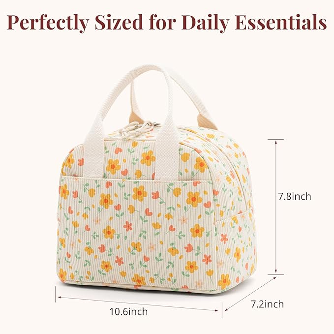 LOVELYWIND Insulated Yellow Floral Lunch Bag for Women, Stylish Corduroy Tote with Aluminum Lining, Large Capacity Reusable Cooler for Work, Travel, Beach or Picnic, Floral Water-Resistant Lunch Box