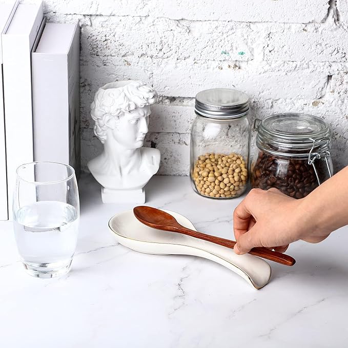 Patelai Ceramic Spoon Rest Spoon Holder Stovetop for Kitchen Stove Coffee Bar Accessories Christmas Gift(White with Gold Brim,Classic Style)