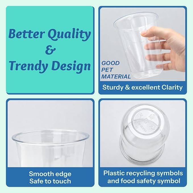 Homestockplus 15 oz Clear PET Plastic Cups 100 Pack - U-Shaped Disposable Open-Top Plastic Cups, Crystal Clear Ice Coffee Cups To Go for Iced Coffee, Smoothies, Bubble Tea & Outdoor Gatherings