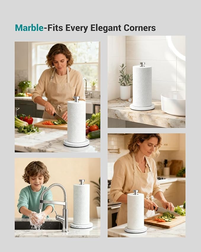 Marble Paper Towel Holder Countertop, Stainless Steel, One-Handed Tear, Freestanding Paper Towel Stand Rack with Ratchet Mechanism for Kitchen Toilet Bathroom Essentials Decor Accessories, Silver