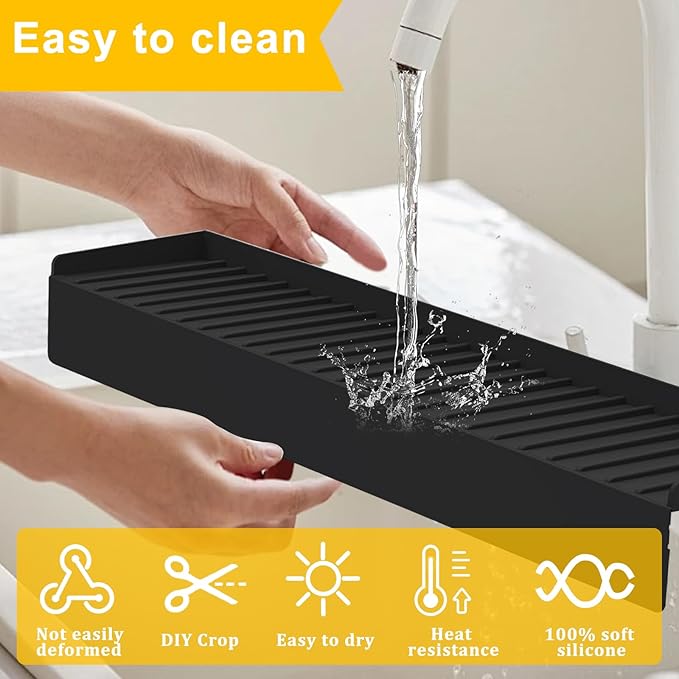 Silicone Sink Edge Protectors - Multifunction Accessories, Splash Guard & Draining Mat for Kitchen, Bathroom Sink, Steel, Granite, Quartz Countertops (Black, 4 * 24in)