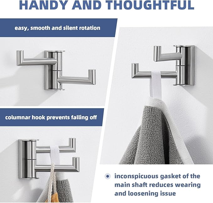 Angle Simple Swivel Towel Hook, SUS 304 Stainless Steel Hand Towel Hook for Bathroom, Foldable Robe Coat Hanger, Brushed Nickel