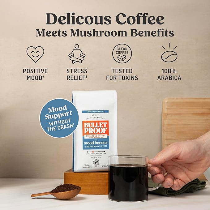 Bulletproof Mood Booster Mushroom Coffee Grounds with Lion's Mane, Ashwagandha & Reishi, Medium Roast for Focus & Mood Support, 10 oz