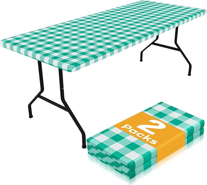 Smiry Picnic Table Cloth 2 Pack, Waterproof Elastic Fitted Tablecloths for 4FT Rectangle Tables, Washable Polyester Buffalo Plaid Tablecloth for Camping, Dining & Outdoor (Green & White, 30" x 48")