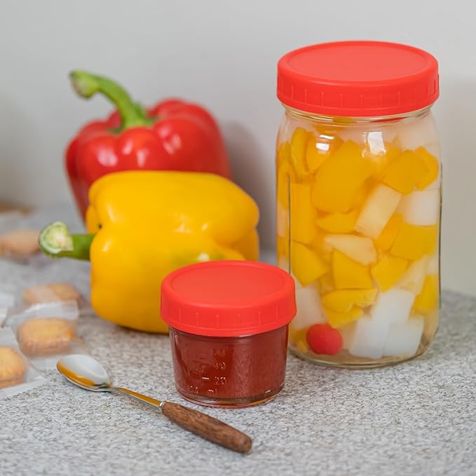 Bedgeta 9 Regular Mouth Mason Jar Lids with Silicone Ring,Thickened Leak-proof Lids Fit Ball,Kerr and More, 9 Red Plastic, 70mm(Red)