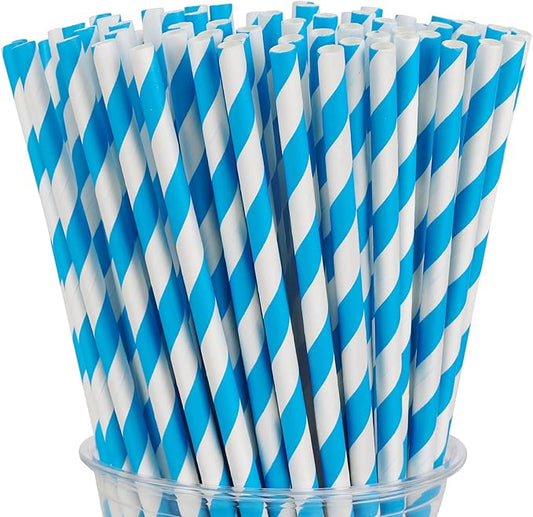 100 Packs Blue Biodegradable Striped Paper Straws, Disposable Drinking Straws for Birthday Carnival Summer Pool Party Wedding Baby Shower Halloween Christmas Party Decoration Supplies