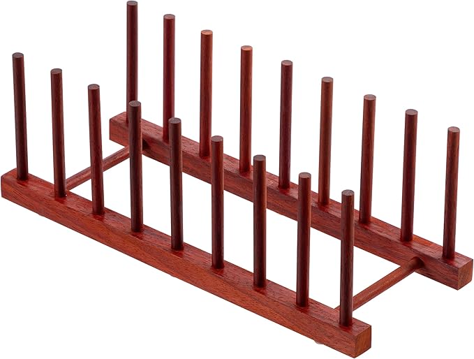 HBlife Padauk Wooden Dish Drying Rack - Home and Kitchen Organizer for Cups, Bowls, Pots, Lids, Cutting Boards & Plates Space-Saving for Cabinets Counters (8 Slots)