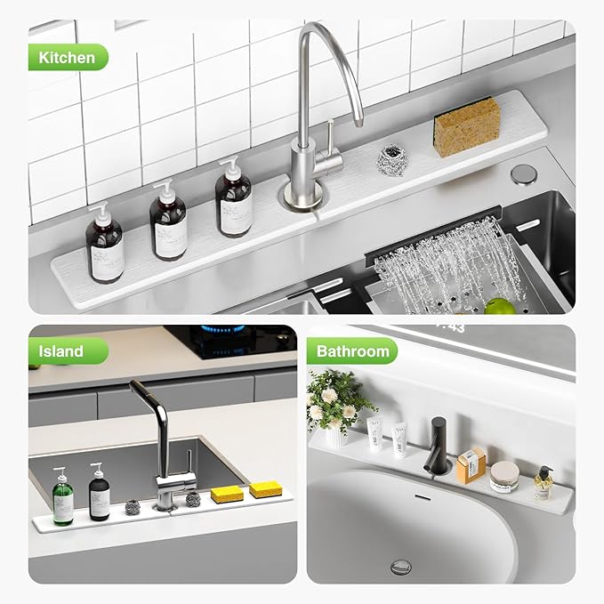 30" x 4" Stone Faucet Mat for Kitchen Sink, Quick Drying Diatomite Sink Tray, Faucet Sink Splash Guard for Prevents Moisture Buildup (White)