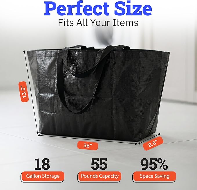 DURASACK Haul-It-All Extra-Large Reusable Shopping Bag – Heavy Duty Open-Top Tote with Handles, 18-Gallon Capacity,Black, Pack of 2