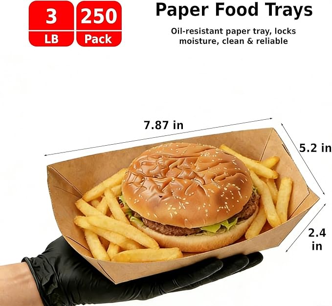 250 Pack 3lb Paper Food Boats - Grease-Resistant Food Trays,Heavy-Duty Food Trays Disposable for Hot Dog,Hamburger,Sandwiches,Nacho,Fries,Onion Rings or Other Snacks