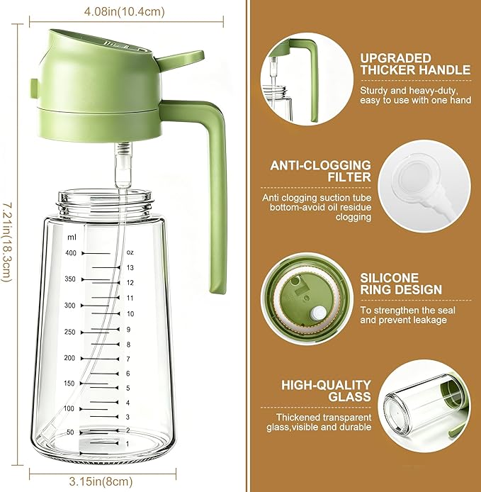 Poshetion 2 in 1 Olive Oil Sprayer for Cooking, 16oz Oil Dispenser for Kitchen, Leak-Proof Oil Spray Bottle for Air Fryer, Salad, BBQ, Baking, Grilling - Black & Green