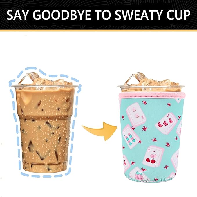 YR Reusable Neoprene Insulator Sleeve for Iced Coffee Cups, 3 Pack Coffee Coolies sleeves for Iced & Hot Drinks, Cold Beverage Cooler Compatible with Starbucks Coffee and More (Cute Mahjong)