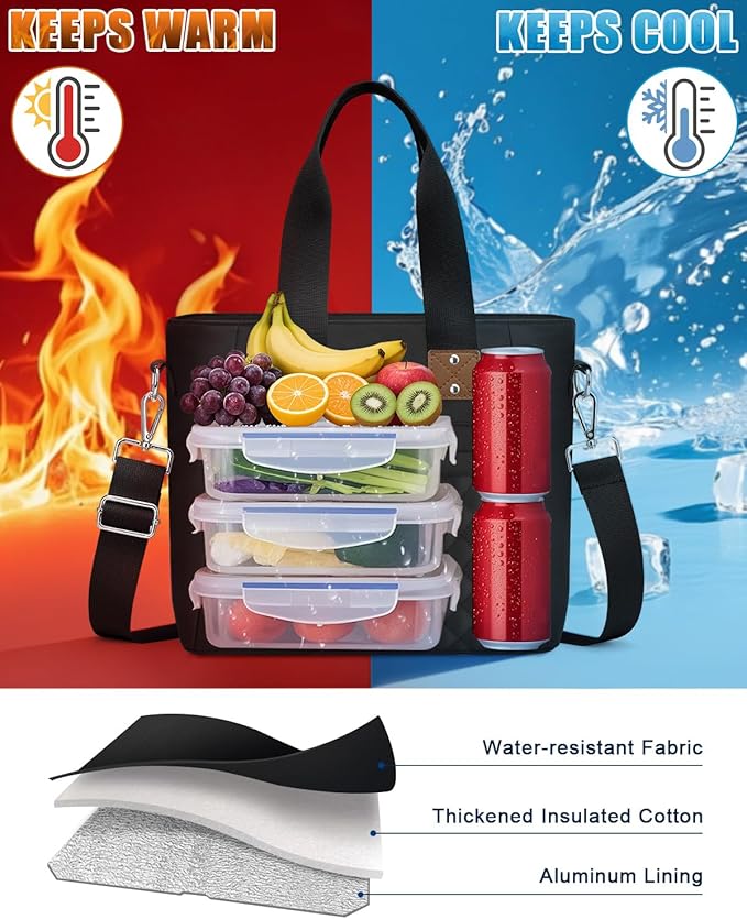 Insulated Lunch Box for Women & Men - Large Thermal Lunch Bag Women with Removable Shoulder Strap, Reusable Lunch Cooler Tote Bags Purse for Adults Work, Picnic, Hiking, Beach, Travel, Large，Black