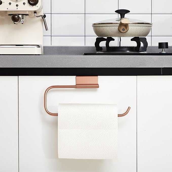 12.4 Inches Cabinet Door Paper Towel Holder Camper Under Sink No Drilling Paper Towel Storage and Dispenser for RV Kitchen Bathroom Laundry Room, Stainless Steel(Rose Gold,1 Pcs)