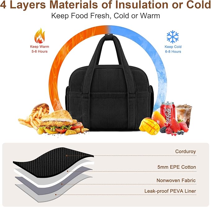 KUBYA Corduroy Lunch Box Lunch Bag for Women Men, Cute Strawberry Small Insulated Reusable Work Leakproof Simple Lunch Boxes Tote Bag Adults Cooler Bag