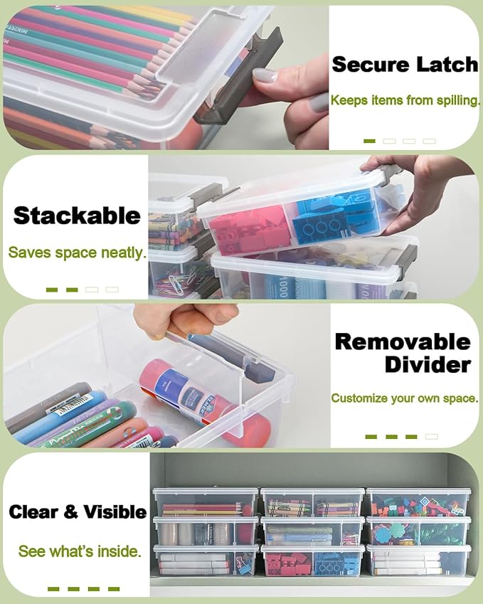 12 Pack Extra Large Pencil Box with Removable Divider, Thickened Pencil Case Bulk, Clear Crayon Marker Organizer Stackable Plastic Small Storage Containers for Pen Craft School Supplies(Grey)