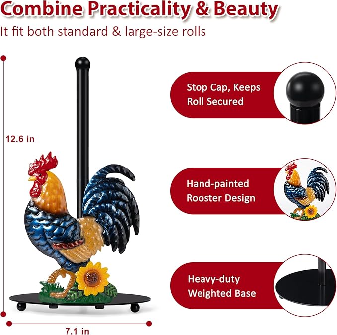 Rooster Paper Towel Holder Countertop - Sunflower & Chicken Farmhouse Kitchen Decor and Accessories, Rustic Housewarming Gift for Rooster & Farmhouse Enthusiasts, Weighted Base
