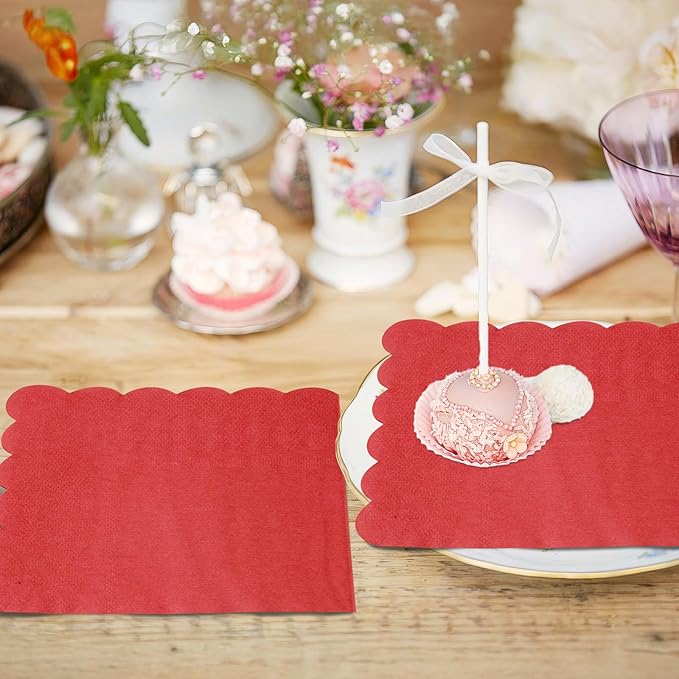 100 Pcs Cocktail Napkins, 2-Ply 5 x 5 Inches Disposable Scalloped Napkins, Thick Premium Dessert Napkins for Party, Wedding, Dinner, Birthday, Anniversary, Festival (Red)