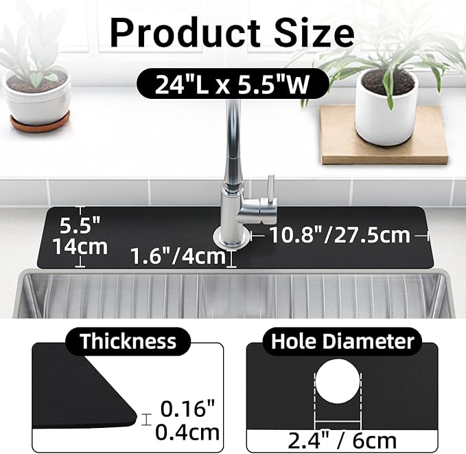 LOPNUR Faucet Mat for Kitchen Sink Protectors, 24 Inch Long Kitchen Sink Splash Guard Behind Faucet, Cuttable Bathroom Water Splash Guard with Super Absorbent Diatomite Fast Drying, Black