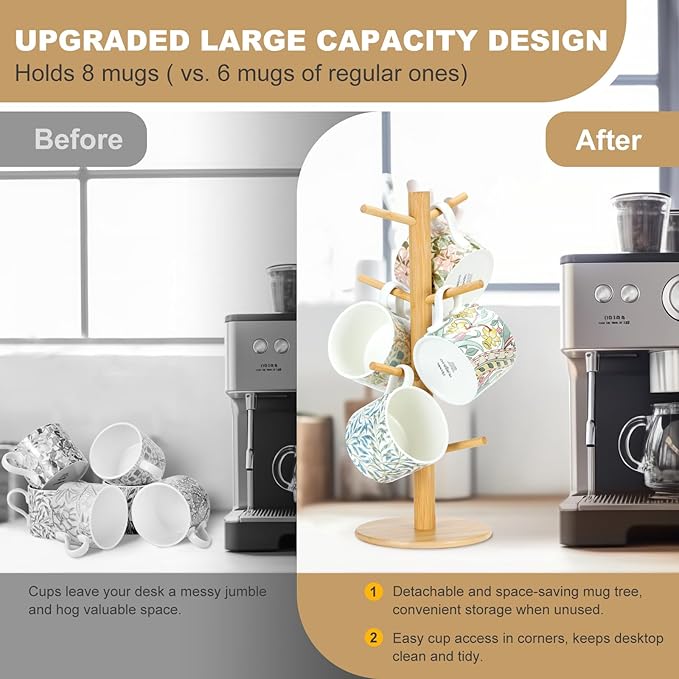 8 Hooks Large Capacity Mug Holder Tree, Bamboo Mugs Trees for Counter, Detachable Cup Stand Holders Coffee Bar Accessories