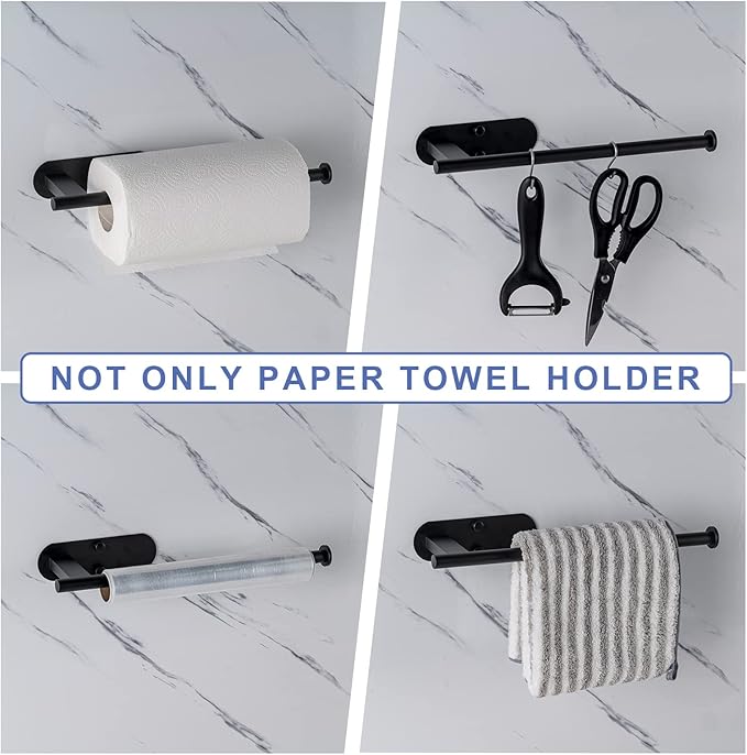 Honmein Paper Towel Holder, Upgrade SUS304 Stainless Steel Paper Towel Holder Under Cabinet, Bend-Resistant, Self-Adhesive or Drill mounting (Black)
