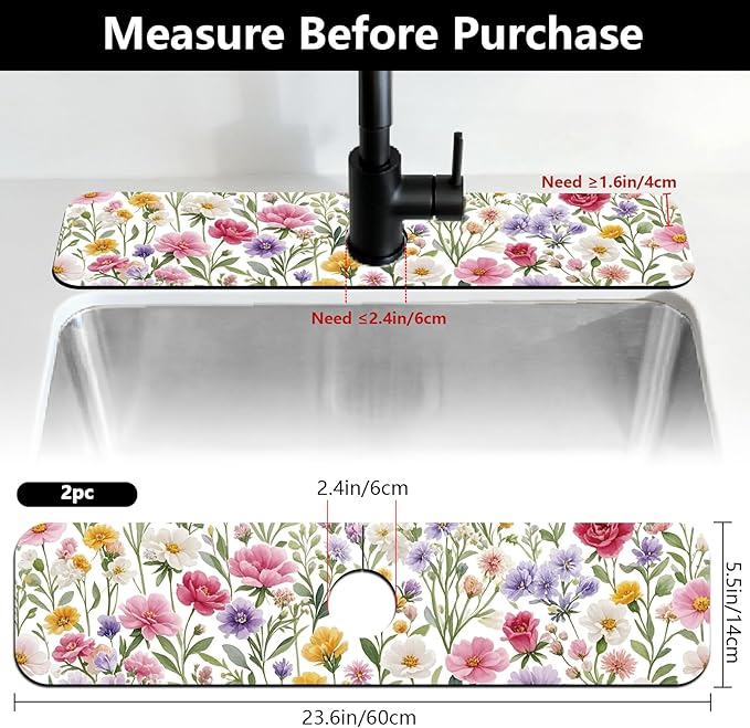 2 Pcs Kitchen Sink Splash Guard Faucet Mats Colorful Watercolor Flowers and Plants Pattern Faucet Mat for Sinks Absorbing Drying Mat for Kitchen Bathroom, 23.6x5.5inch