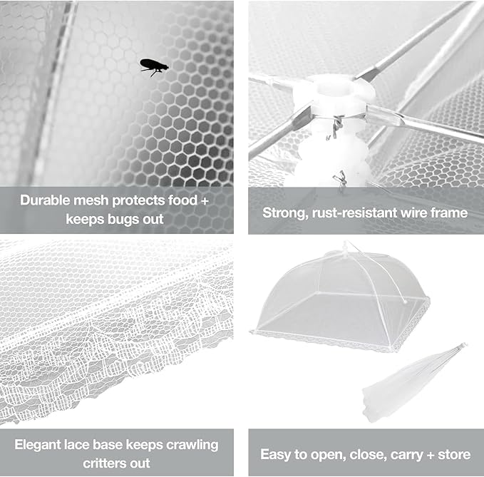 Simply Genius Pop-Up Mesh Food Covers for Outdoors - 6 Pack Extra Large 39" x 24", White, Collapsible & Reusable - Buffet Food Covers & Bug-Net Tent for Picnic, Party & Camping