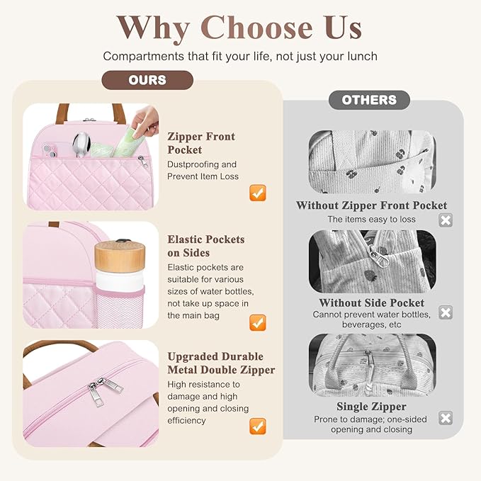 KUBYA Lunch Box for Women Adult Men Insulated Cute Quilted Lunch Bag Women Reusable Large Lunch Tote Bag Leakproof Simple Cooler Bag for Work Office Picnic Beach or Travel