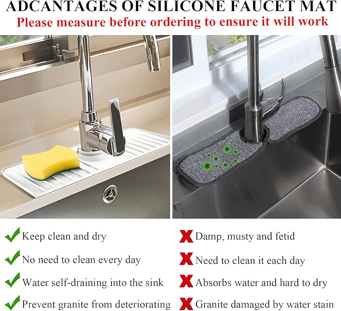 Sink Splash Guard 14.4” x 5.4” - Sink Faucet Mat with Faucet Water Catcher Mat & Soap Dish & Sponge Holder 3 in 1 - Silicone Faucet Handle Drip Catcher Tray for Kitchen RV & Bar Faucet, White