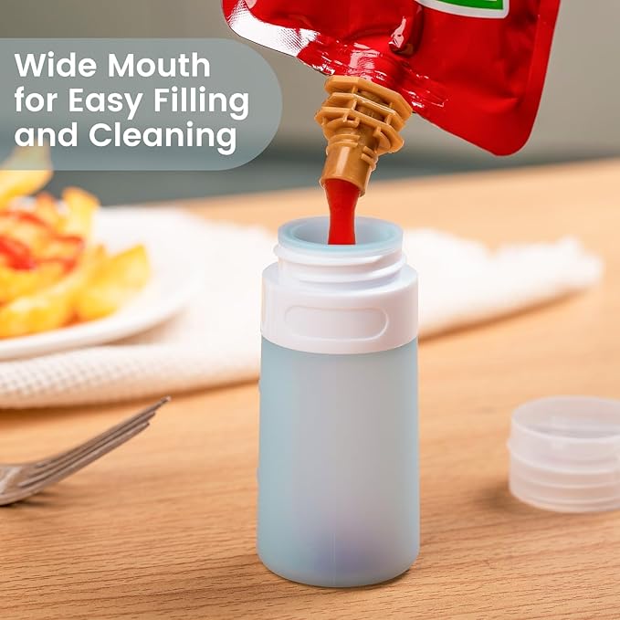 MICEBAY Condiment Squeeze Bottles for Sauces, 2-oz Mini Silicone Salad Dressing Container to Go with Reusable Sandwich Bag, Leakproof Ketchup Bottle for Bento Lunch Box, 4 Pack, Gray