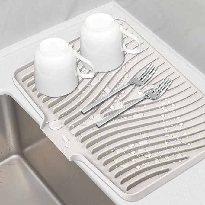 Silicone Dish Drying Mat for Kitchen Counter, Dish Drying Pad, Non-Slip Drain Pad with Built-in Drain, Heat Resistant Stone Drying Mat(16" x 12", Cream)