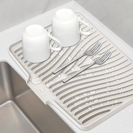 Silicone Dish Drying Mat for Kitchen Counter, Dish Drying Pad, Non-Slip Drain Pad with Built-in Drain, Heat Resistant Stone Drying Mat(16" x 12", Cream)