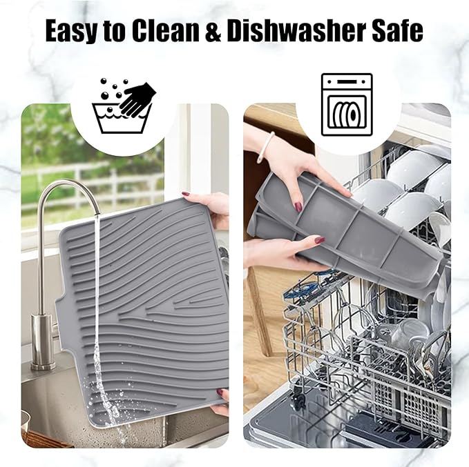 Silicone Dish Drying Mat, Stone Drying Mat for Kitchen Counter with Built-In Drain, Non-Slip Drain Pad with Built-in Drain, Heat Resistant Stone Drying Mat, Hangable, Grey-2pcs, 16" x 12"